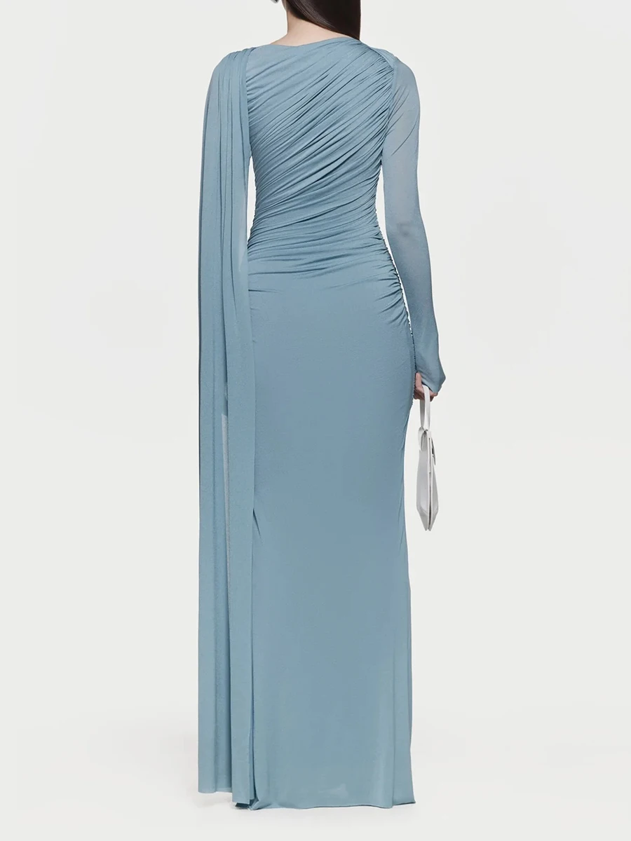 TWOTWINSTYLE, vestidos adelgazantes con pliegues empalmados para mujer, cuello redondo, manga larga, vestido con cinta de retales, ropa femenina