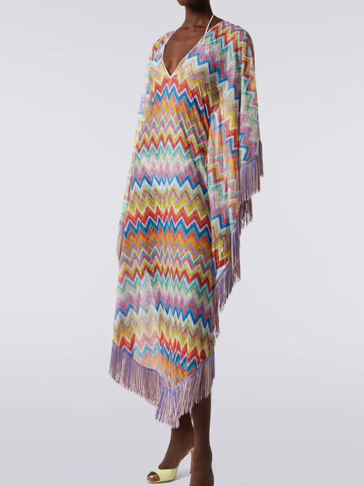Vestido Maxi de Mujer con Borlas y Parches, Estilo Bohemio, Holgado, con Mangas Murciélago, Elegante, para Primavera/Verano, Moda Urbana, para Fiestas