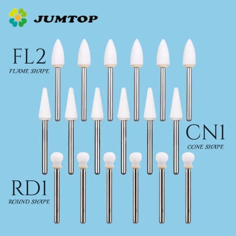 JUMTOP 12 unids/bolsa cono de llama Dental pulidor de piedra blanca redonda fresas FG