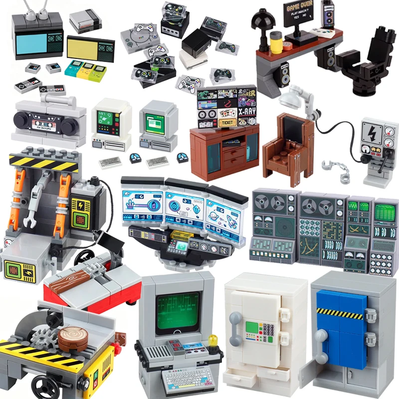 Bloques de construcción de consola de juegos MOC City, Mini TV, teléfonos móviles, grabadora, portátil, Jukebox, juguetes de ladrillos