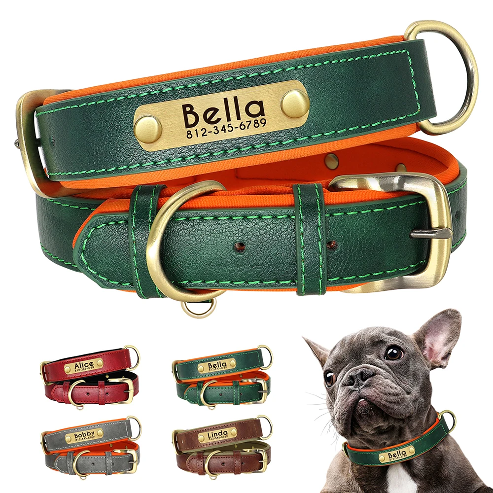 Collar de perro con placa de identificación de cuero PU personalizado, collares para perros acolchados suaves, nombre grabado gratis para perros pequeños, medianos y grandes, ajustable
