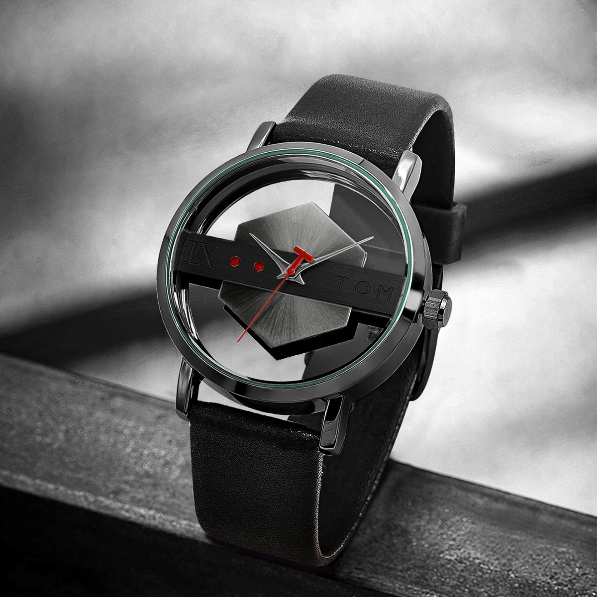 TOMI Correa de reloj de cuero para hombre, elegante y minimalista, perspectiva hueca personalizada, cubierta inferior de cristal, reloj de cuarzo
