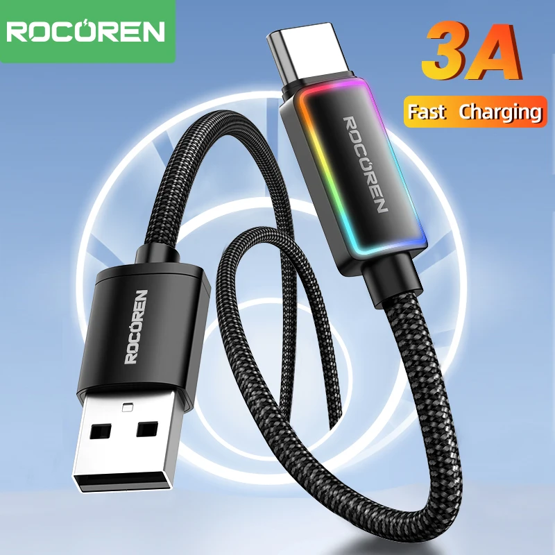 Rocoren 3A USB tipo C Cable Fsat carga QC 3,0 Cable de fecha para Samsung S23 Cable cargador de carga Ultra rápida para Huawei Xiaomi