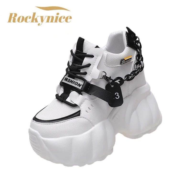 Zapatillas de deporte gruesas con cadena para mujer, zapatos vulcanizados informales con suela gruesa de 10CM, a la moda, con plataforma alta, color blanco y negro