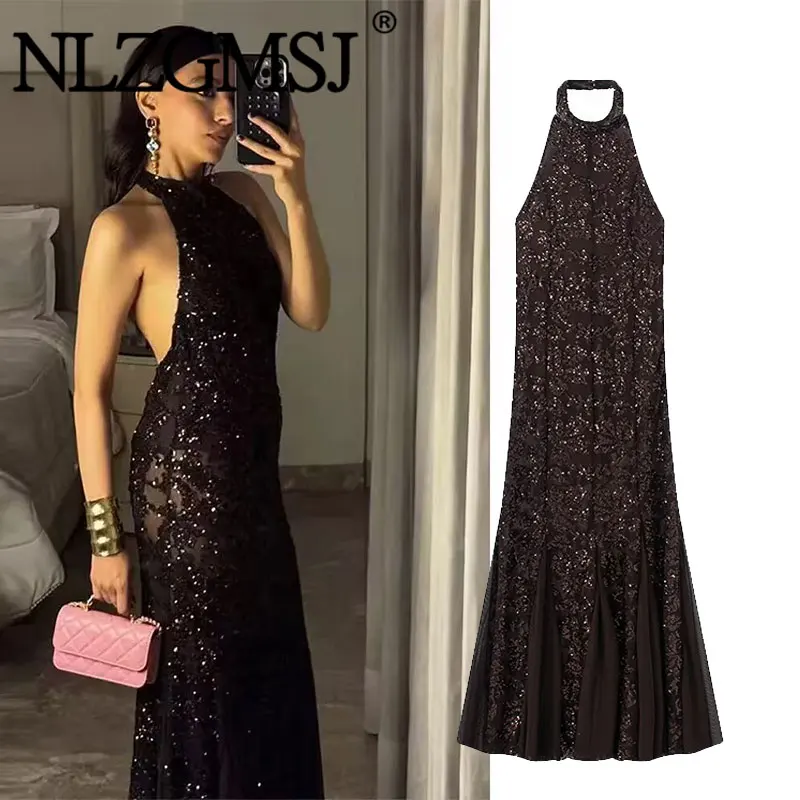 Nlzgmsj 2026 Vestido Largo Sexy de Primavera con Lentejuelas para Mujer, Vestido Elegante de Fiesta con Cuello Halter y Espalda Descubierta