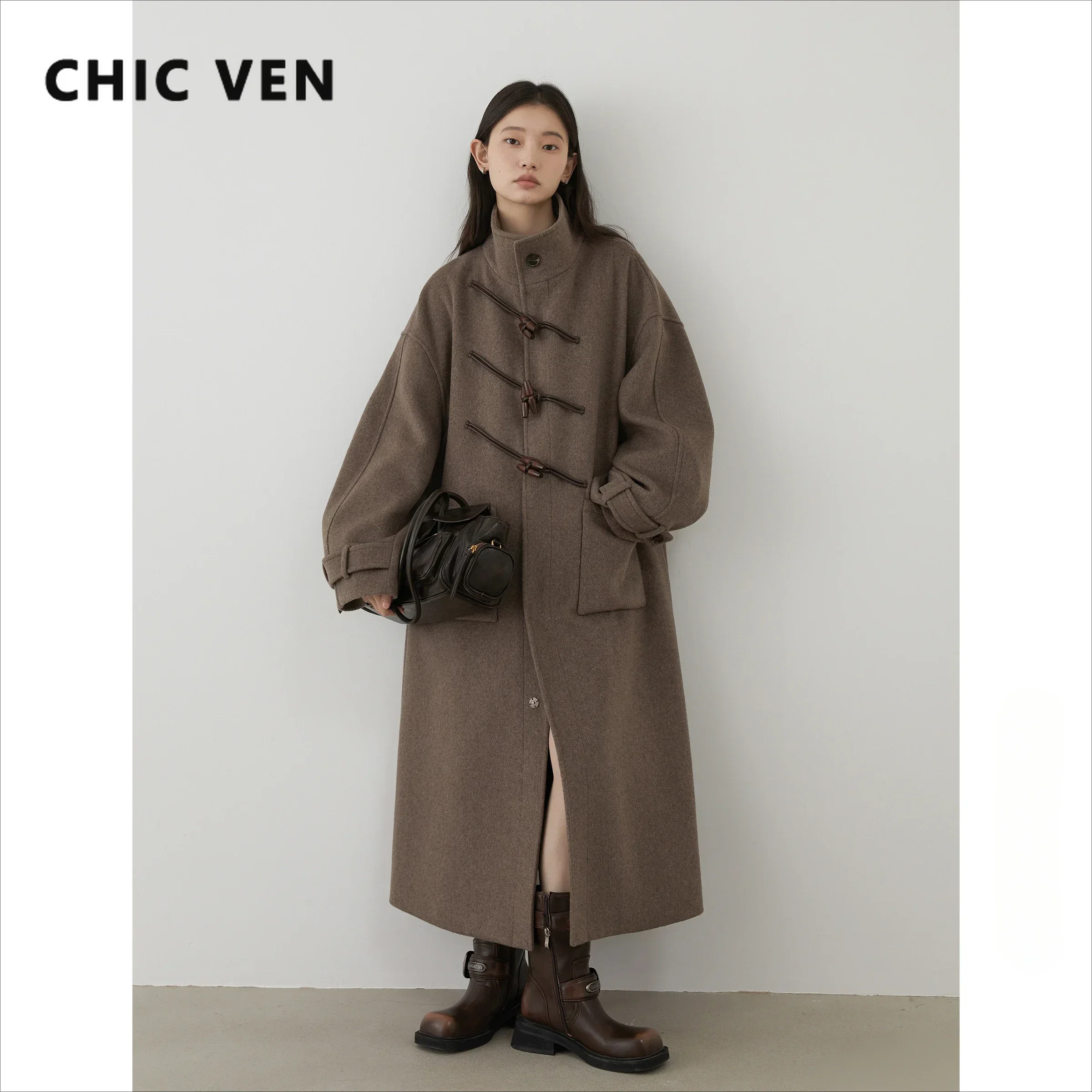 CHIC VEN Abrigo Largo de Lana para Mujer, Cuello Alto Suelto con Botones de Cuerno, Estilo Oficina, Otoño Invierno 2026
