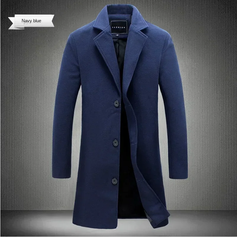 Abrigo largo de algodón para hombre, chaqueta cortavientos ajustada informal de negocios de Color puro de mezcla de lana para otoño e invierno, ropa de moda para hombre 2025