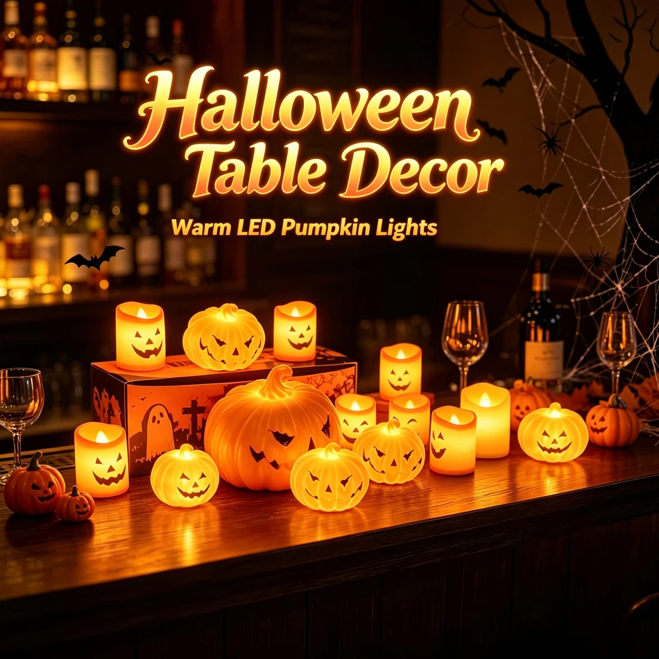 Lámpara LED de Calabaza sin Llama, Luz Cálida, Decoración de Mesa para Halloween, Luces de Ambiente para Fiestas en Bares Interiores