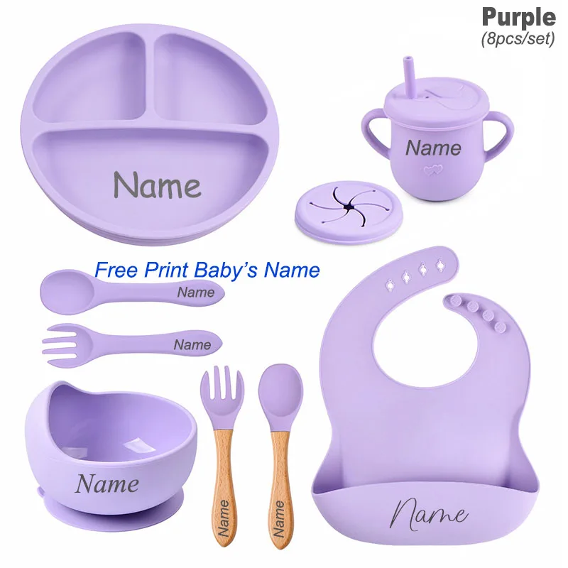 Juego de vajilla de silicona con logotipo de nombre personalizado, juego de alimentación de bebé, cuchara, tenedor, tazón con ventosa, plato de cena de silicona para niños, 8 Uds.