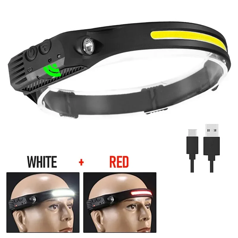 Linterna LED COB, recargable por USB, Sensor de barrido manual, 5 modos de iluminación, linterna frontal para Camping, pesca, trabajo