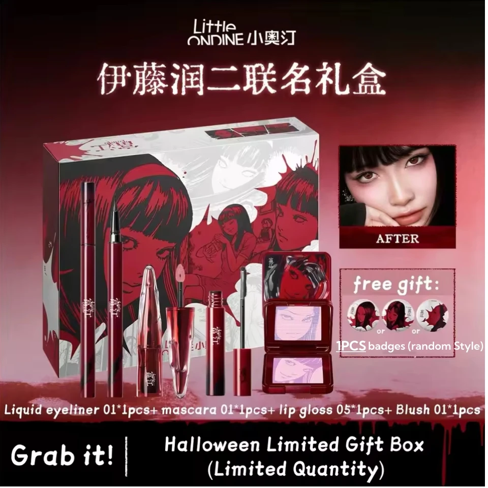 Juego de maquillaje Little Ondine Fujiang con insignia, sombra flotante, paleta de colorete, delineador de ojos, lápiz, máscara, rubor, lápiz labial líquido, cosmético