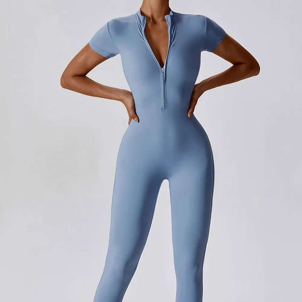 Conjunto de Yoga para mujer, monos de una pieza con cremallera, manga corta, gimnasio, ropa de entrenamiento de realce, mono de Fitness, ropa deportiva, chándal