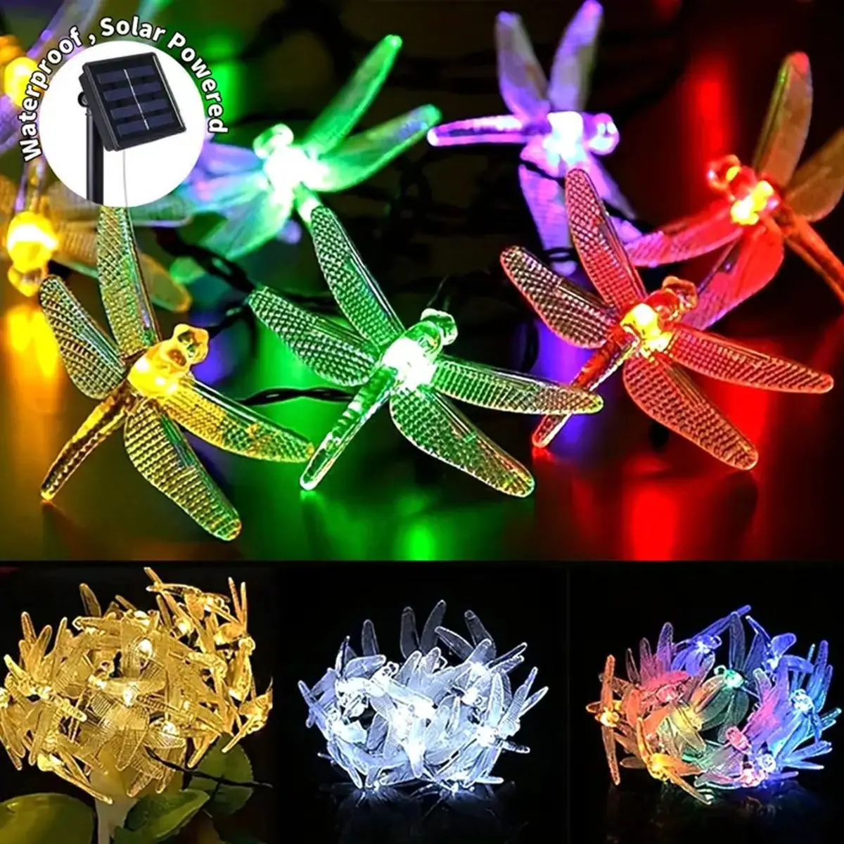 Guirnaldas de luces alimentadas por energía Solar de libélula, 5M20LED, impermeables para exteriores, 8 modos, luces de hadas de libélula para el hogar, Patio, jardín, decoración de boda, 1 ud.