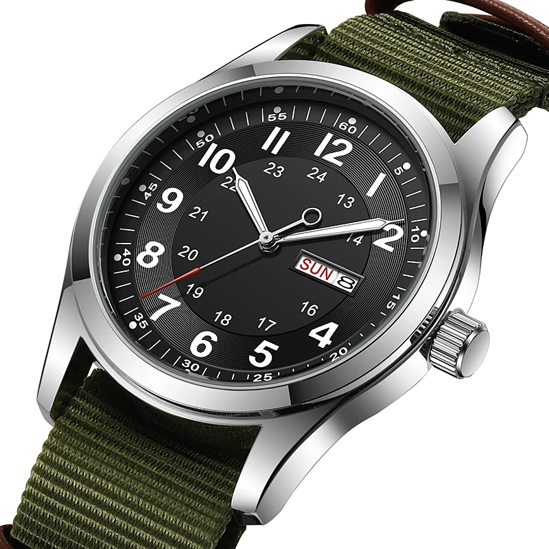 Reloj de Pulsera 2026 de 42 mm con Esfera Luminosa, Función de Día y Fecha, Correa de Lona Verde, Resistente al Agua 30M, Correa Color Caqui