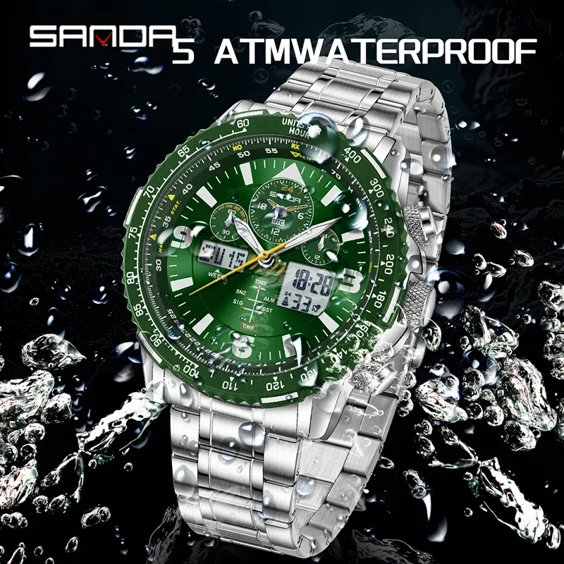Relojes de cuarzo SANDA para hombre, nueva colección, diseño moderno, correa de acero inoxidable, fecha, cronógrafo multifuncional, resistente al agua 5 bar.