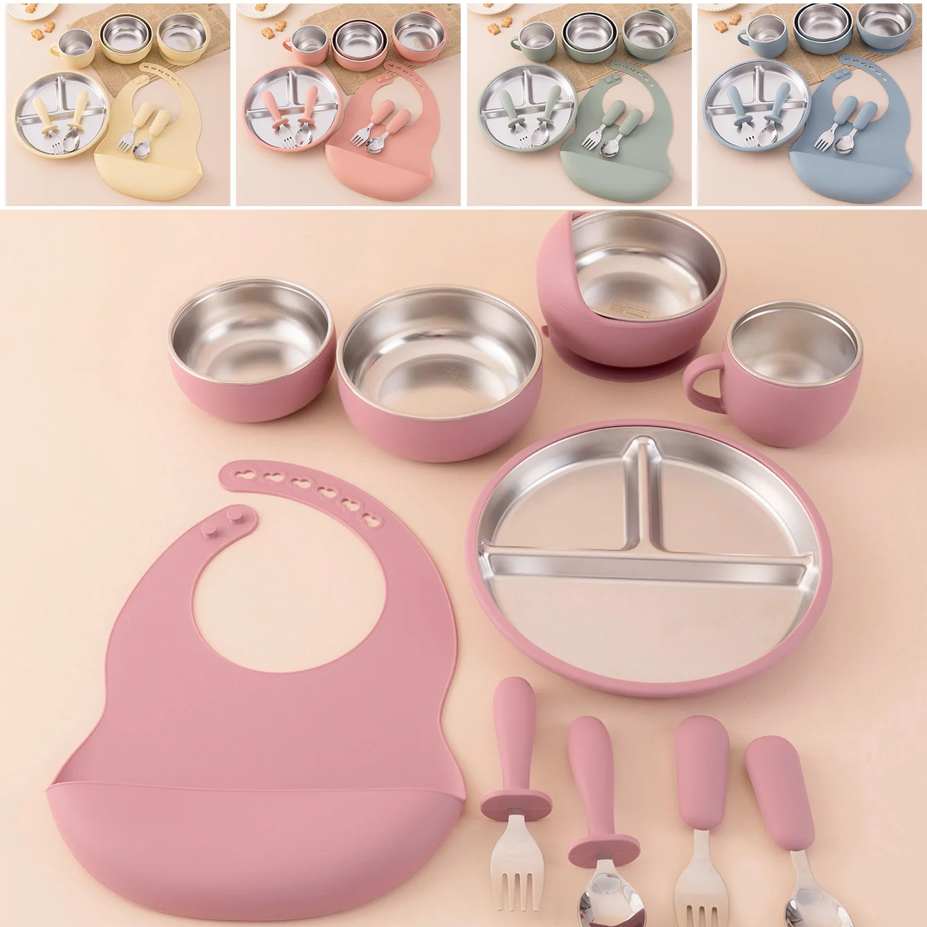 Juego de alimentación infantil de Color para niños, vajilla de silicona de acero inoxidable con plato y cuenco desmontable, utensilios de destete para bebé, 10 Uds.