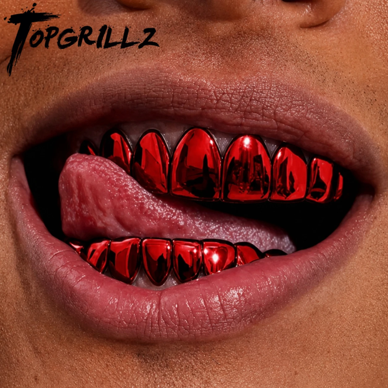 TOPGRILLZ Juego de Grillz Hip Hop Rojos Espejo, 2 Piezas, 8 Dientes, Parrillas Superiores e Inferiores, Joyería Y2K para Fiesta, Cosplay, Halloween, Hombres y Mujeres