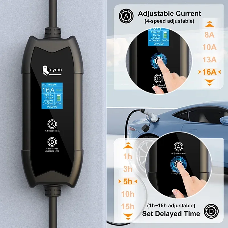 Cargador para Vehículos Eléctricos Feyree Tipo 2, 3.5KW, 16A, Caja de Carga Portátil, Ajuste de Corriente y Tiempo de Retardo, Cable de 5M