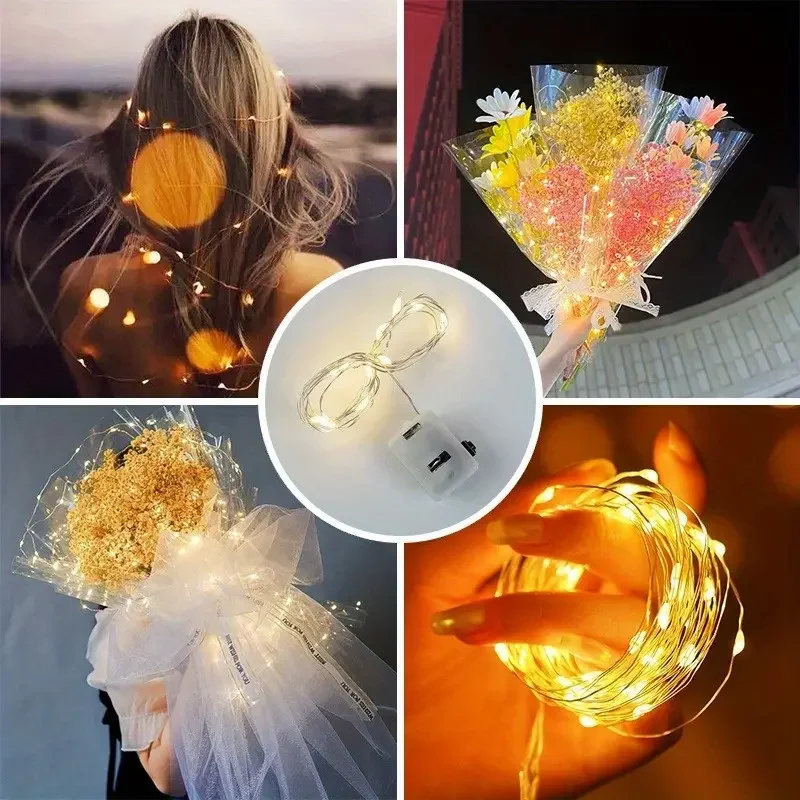 Guirnalda de luces LED con batería, 10 Uds., resistente al agua, alambre plateado, luz de luna para bricolaje, fiesta de boda, dormitorio, decoración de pasteles