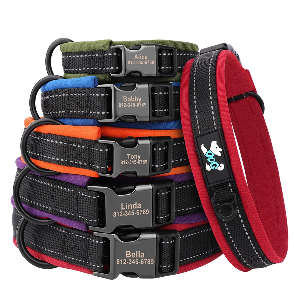 Collar reflectante con hebilla de identificación personalizada para perros pequeños, medianos y grandes, con grabado gratis, acolchado suave, ajustable