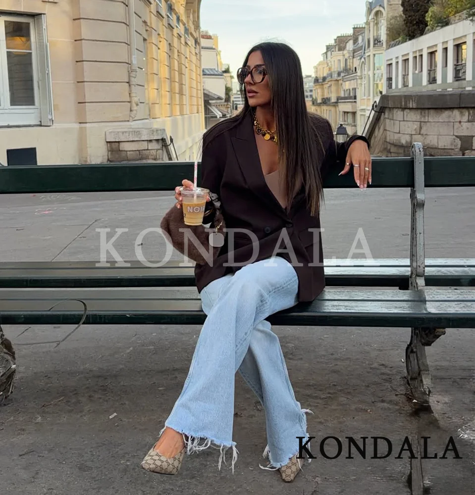 KONDALA elegante chaqueta cruzada para ir al trabajo para mujer, chaqueta Vintage con botones marrones, chaqueta de oficina a la moda para primavera y verano 2026
