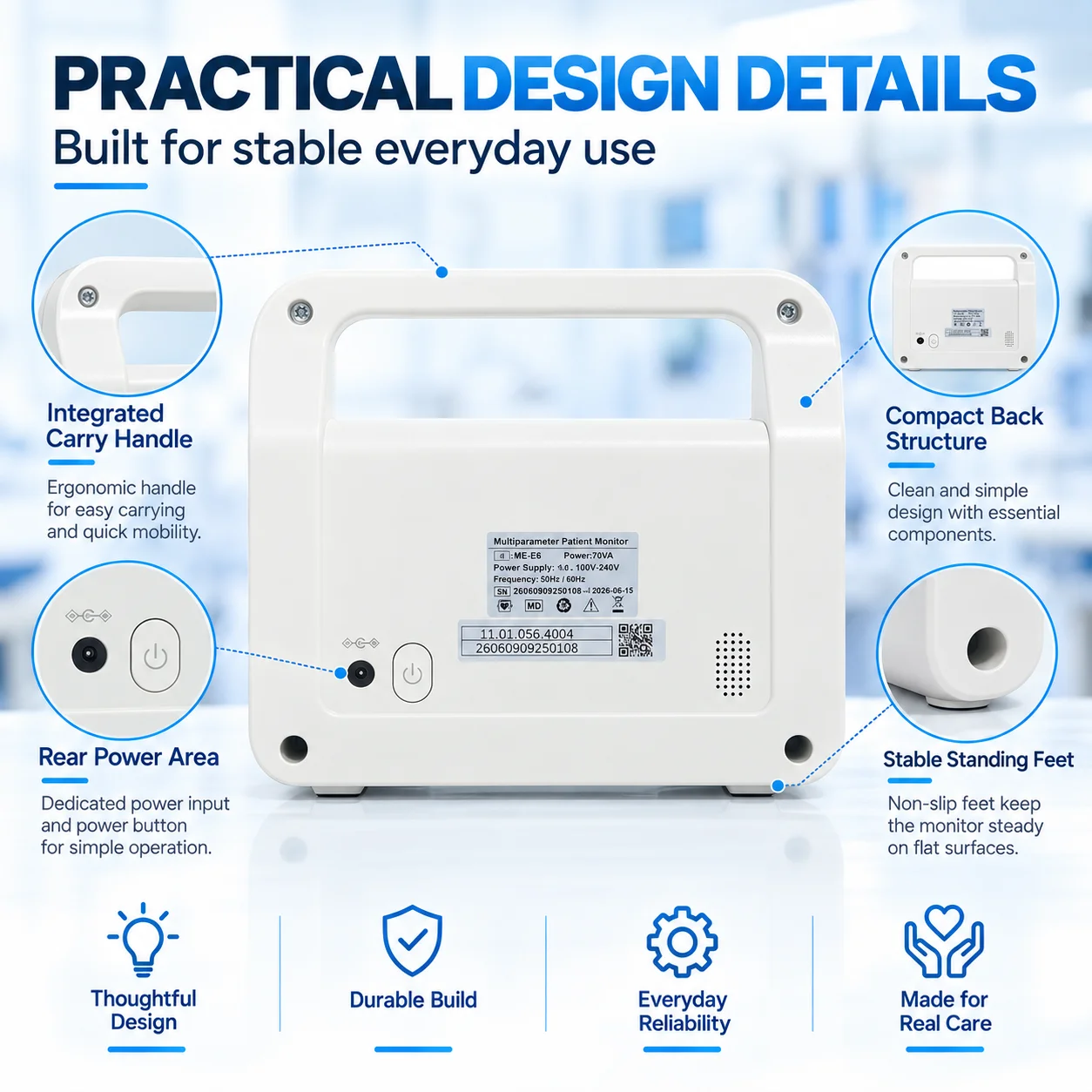 Monitor de signos vitales multiparamétrico para pacientes Resoxy E5, con ECG, SpO2, NIBP, RESP y temperatura, pantalla táctil de 5 pulgadas, dispositivo portátil.