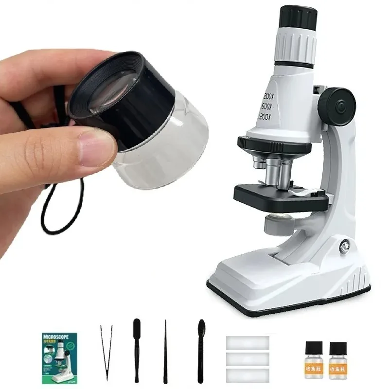 Kit de microscopio para niños, 200x 600x 1200x, juguete de tallo de ciencia biológica, lupa de mano, microscopio de bolsillo educativo escolar con luz LED