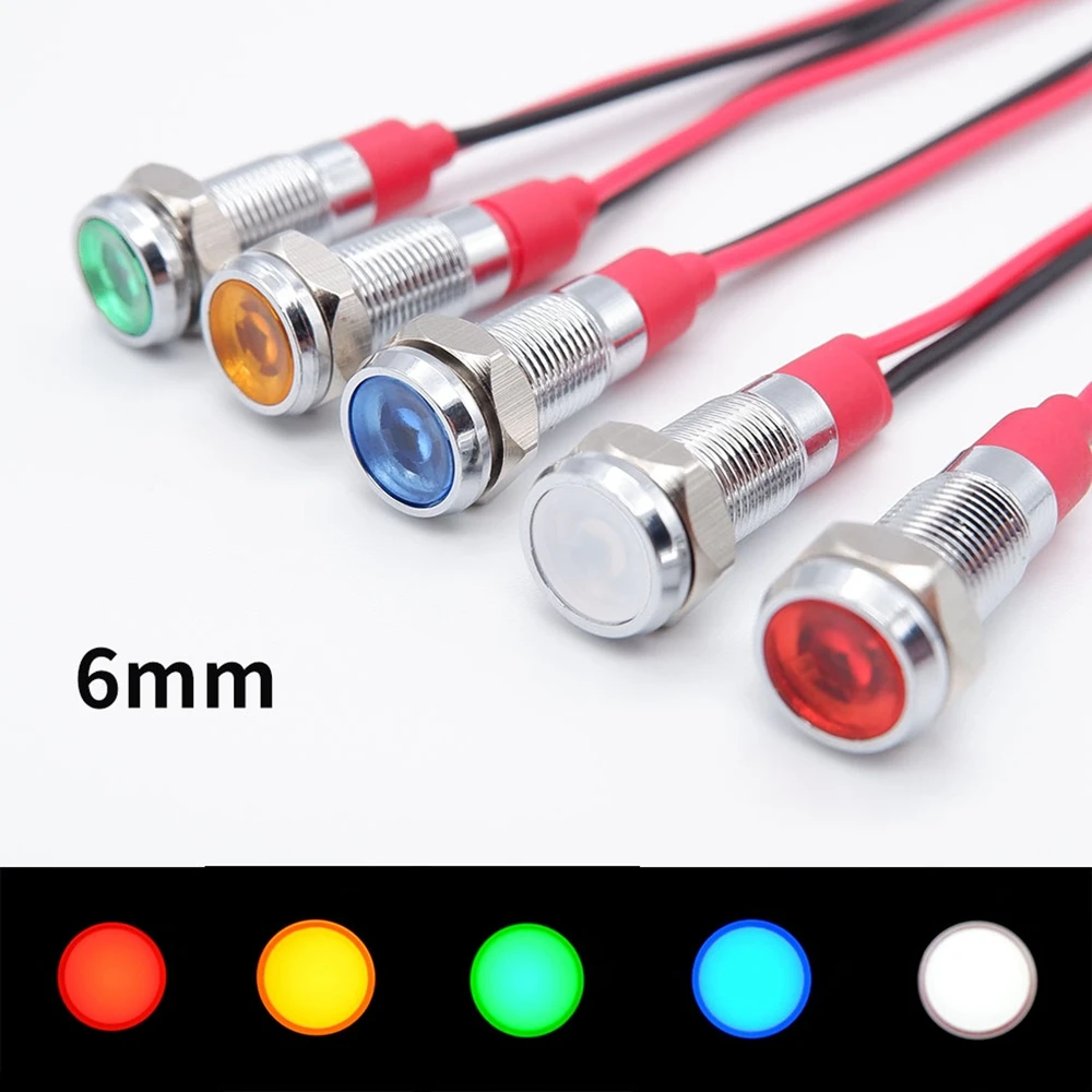 Luz indicadora de Metal de 6mm, lámpara LED de señal de advertencia, interruptor de cables piloto, 3V, 5V, 12V, 24V, 220V, rojo, naranja, azul, verde, blanco con cable