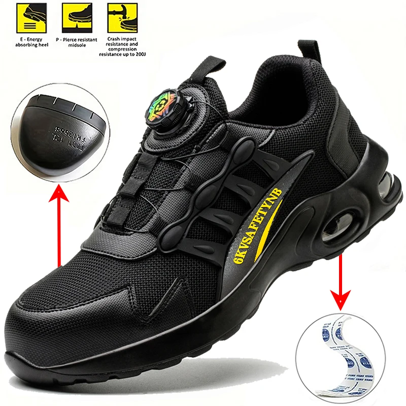 Zapatos de seguridad con botón giratorio para hombre, zapatillas de trabajo con punta de acero, zapatos indestructibles, botas de trabajo a prueba de pinchazos, zapatos de seguridad con cojín de aire