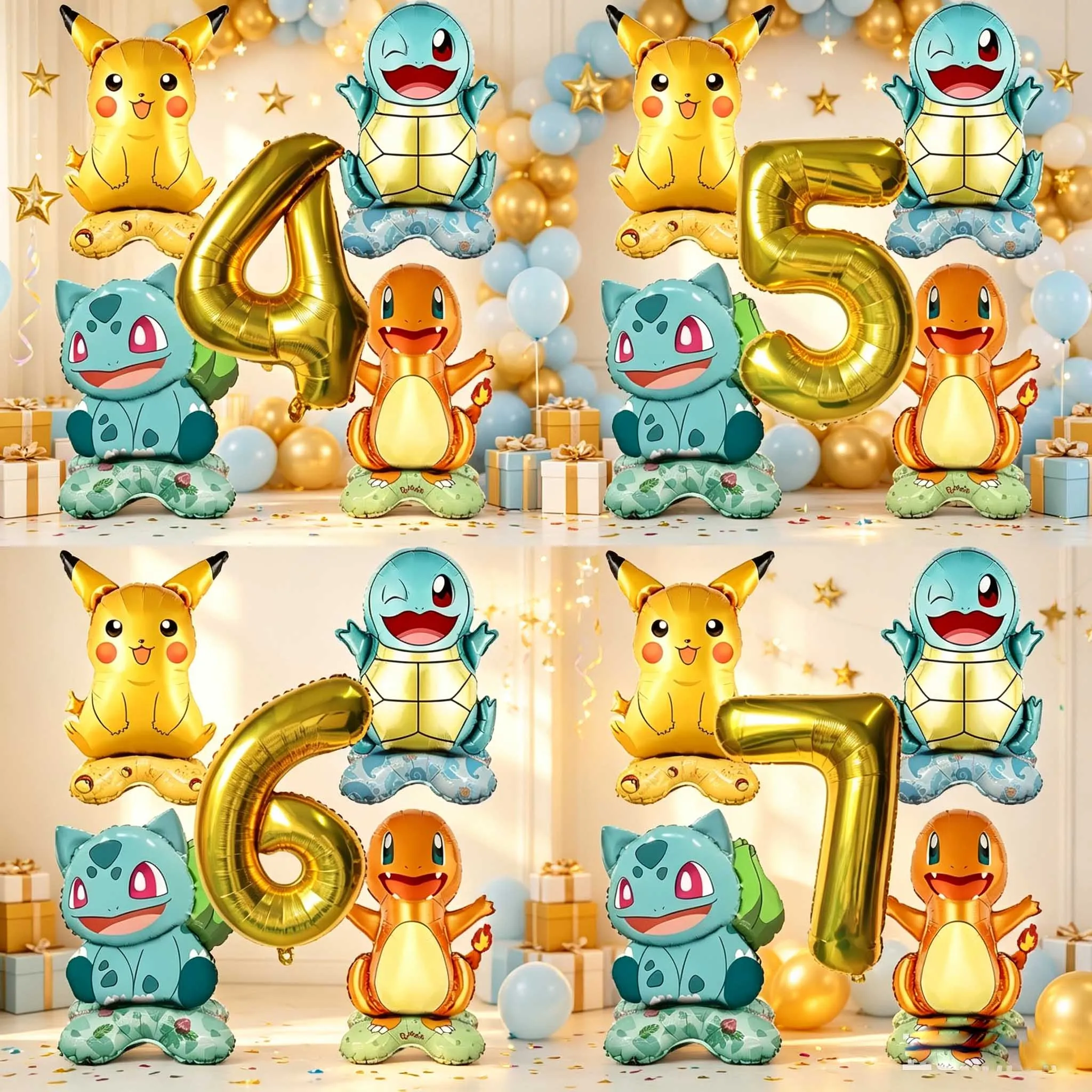 Set de 5 Globos de Látex con Números de Pokémon: Pikachu, Charmander, Squirtle, Bulbasaur, para Decoración de Fiestas de Cumpleaños