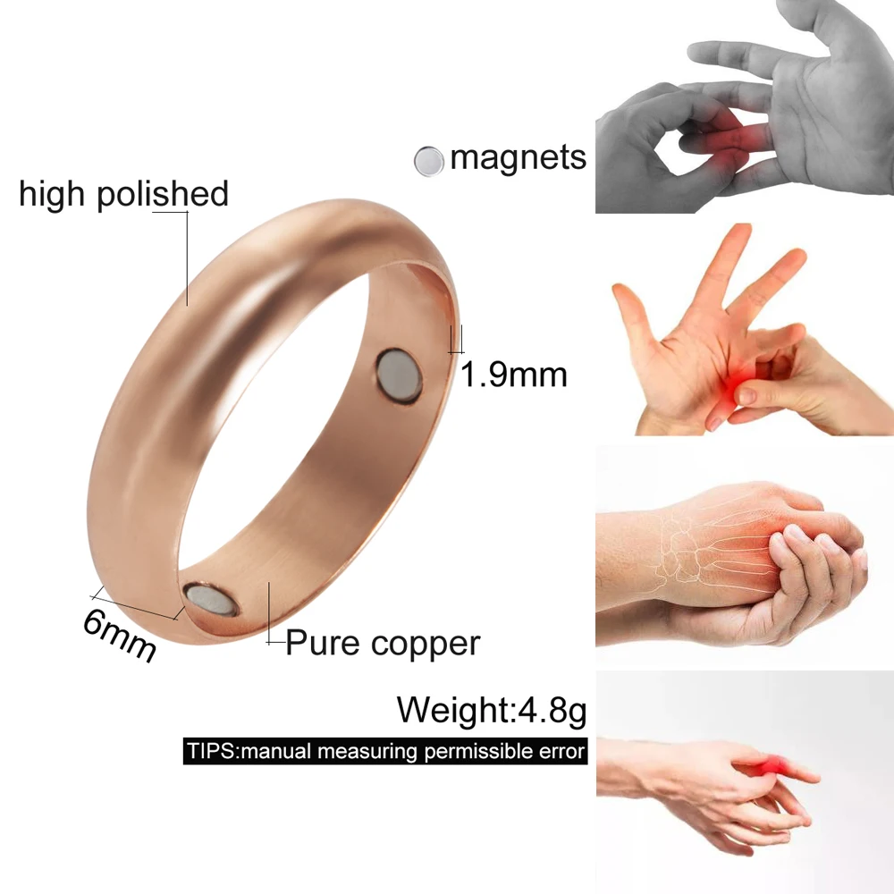 Anillos magnéticos de cobre puro Vinterly para mujeres y hombres, brazalete abierto con energía saludable de 6mm, joyería ajustable, imán alto redimensionable