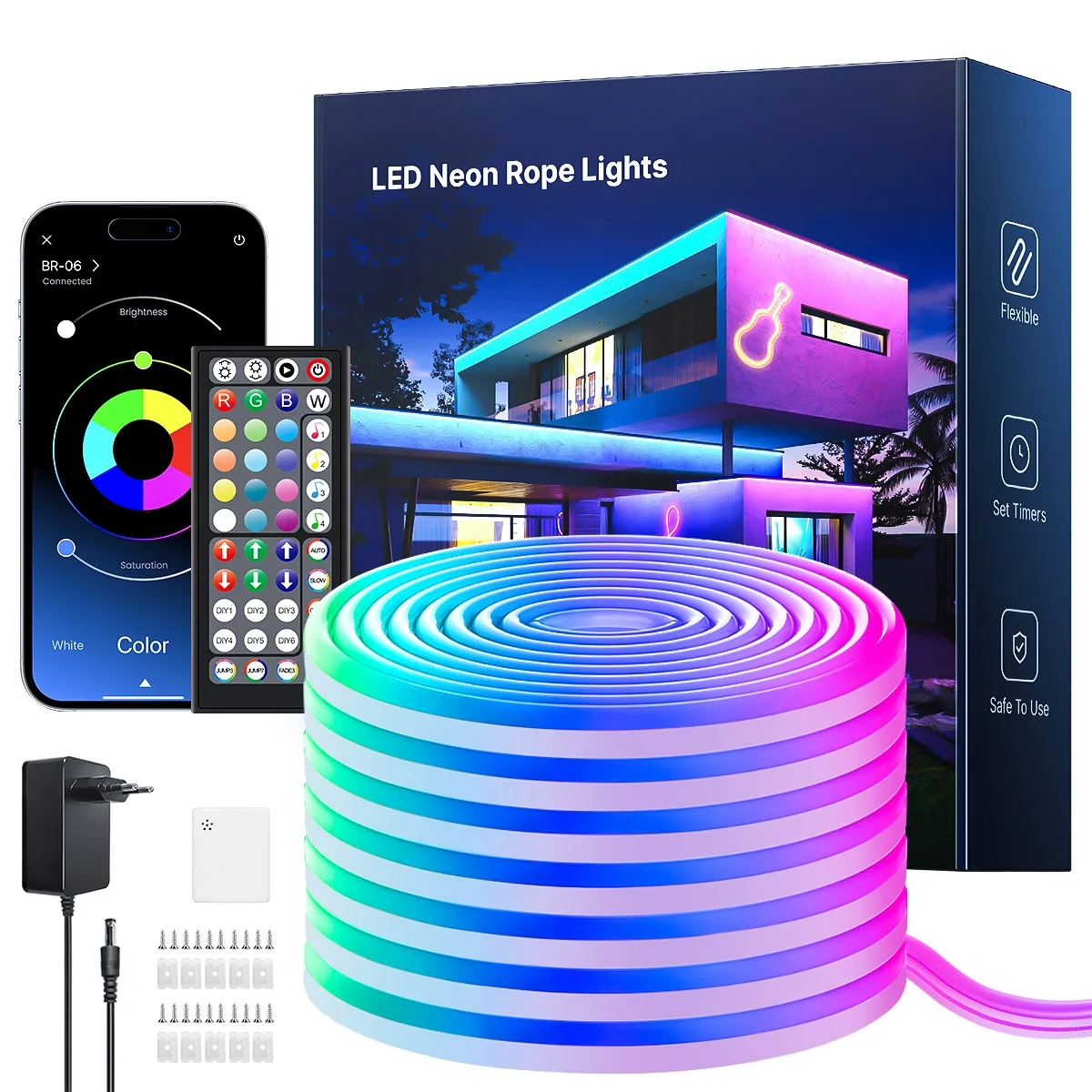 Tira de luces de neón flexibles RGB con aplicación/control remoto, múltiples modos, sincronización de música, lámpara de cuerda de neón con tira LED impermeable IP65