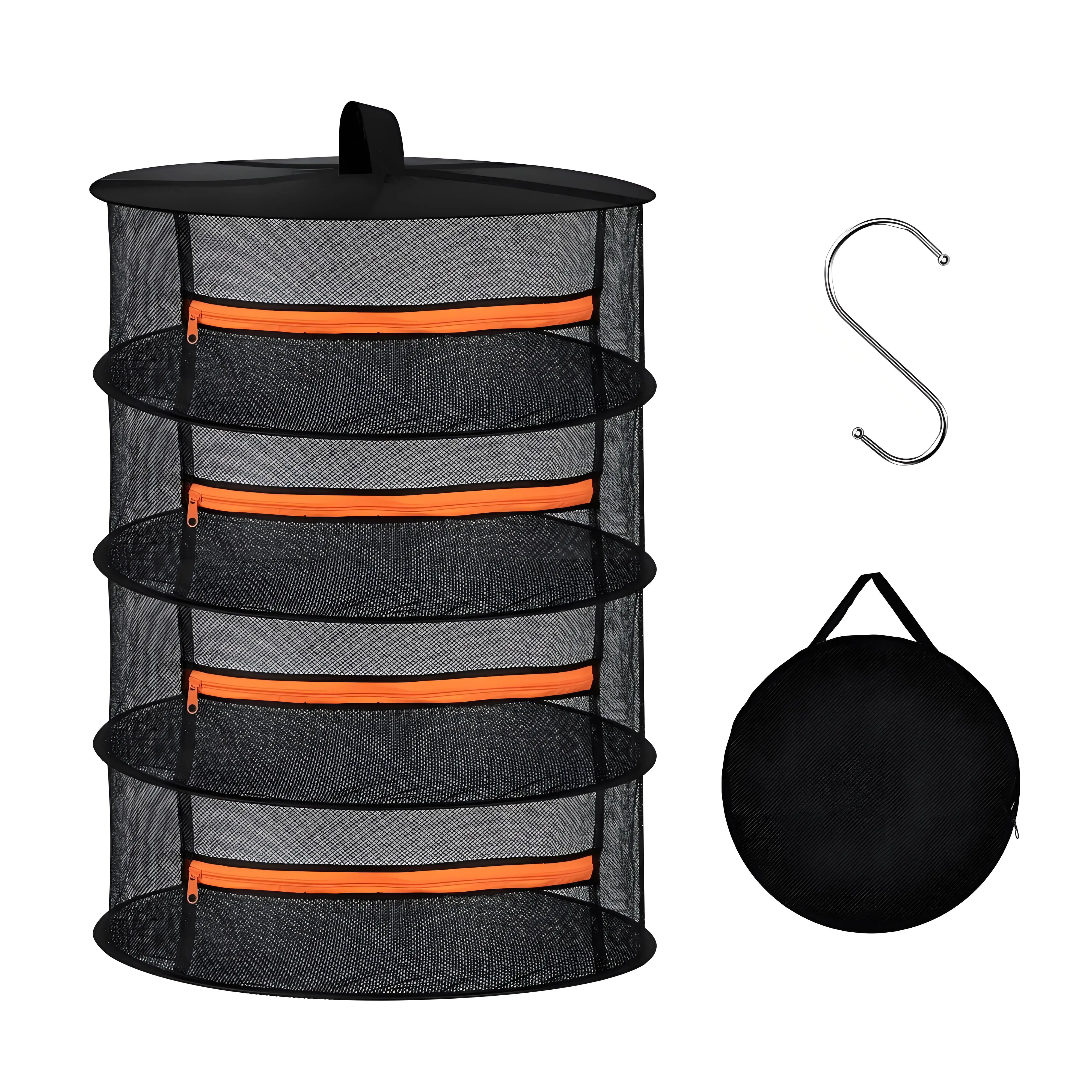 Estante de secado de hierbas de 2 pies con gancho en S, cesta colgante de malla plegable de 2/4/6/8 capas, red secadora con cremalleras naranjas para semillas, brotes de flores