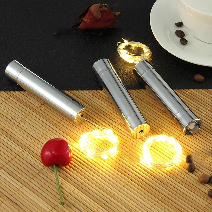 10 Uds. 20LED botella de vino plateada luz de corcho AA con pilas guirnalda de luces de hadas botella de corcho luz para decoración de fiesta de Navidad DIY
