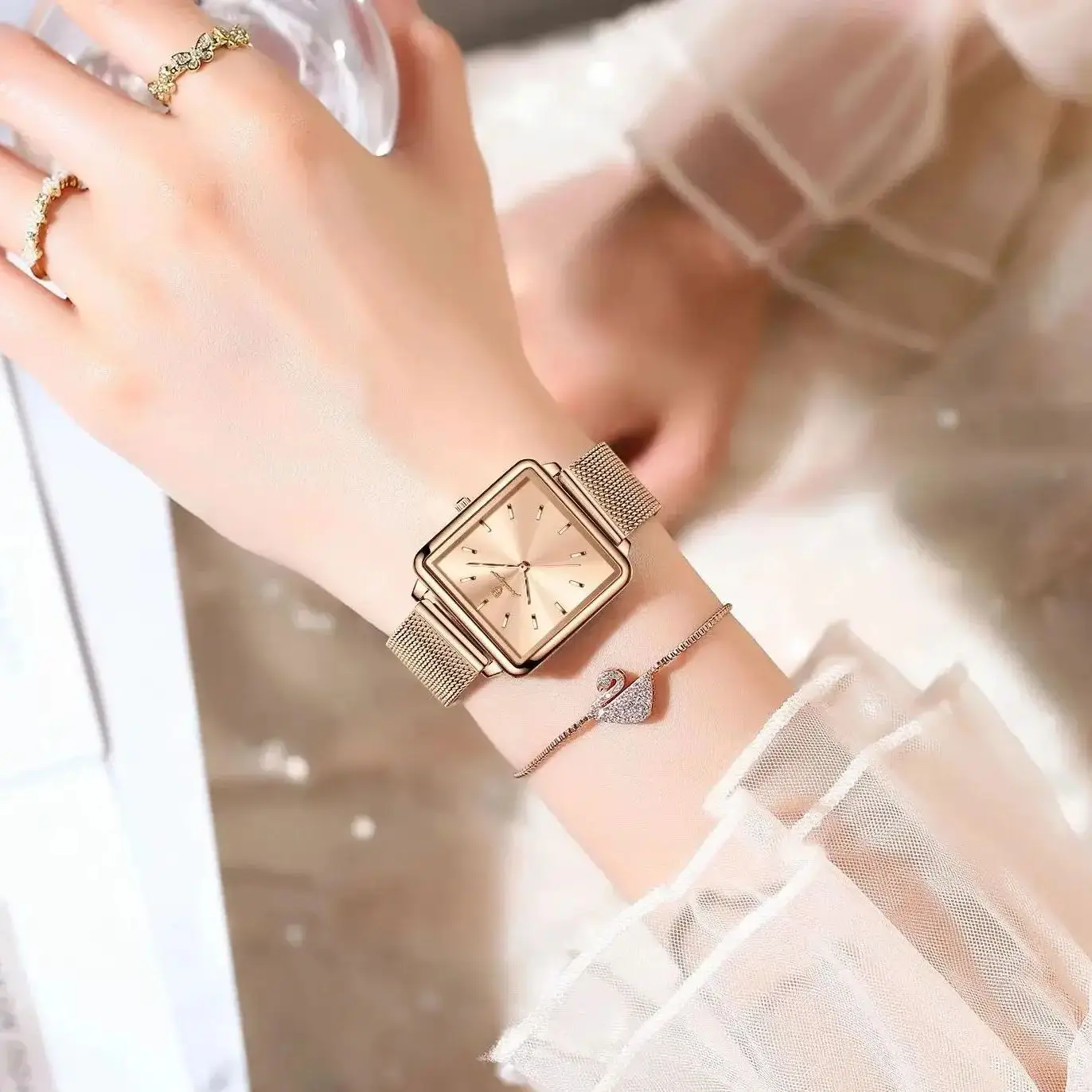 POEDAGAR Reloj cuadrado de moda para mujer, Reloj de malla de acero inoxidable resistente al agua para mujer, relojes de cuarzo elegantes para mujer, Reloj femenino
