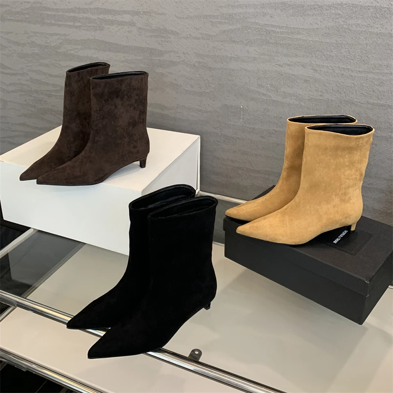 Otoño Invierno Vintage puntiagudos botines De Mujer diseñador fino Zapatos De tacón bajo Botas cortas modernas Zapatos De Mujer