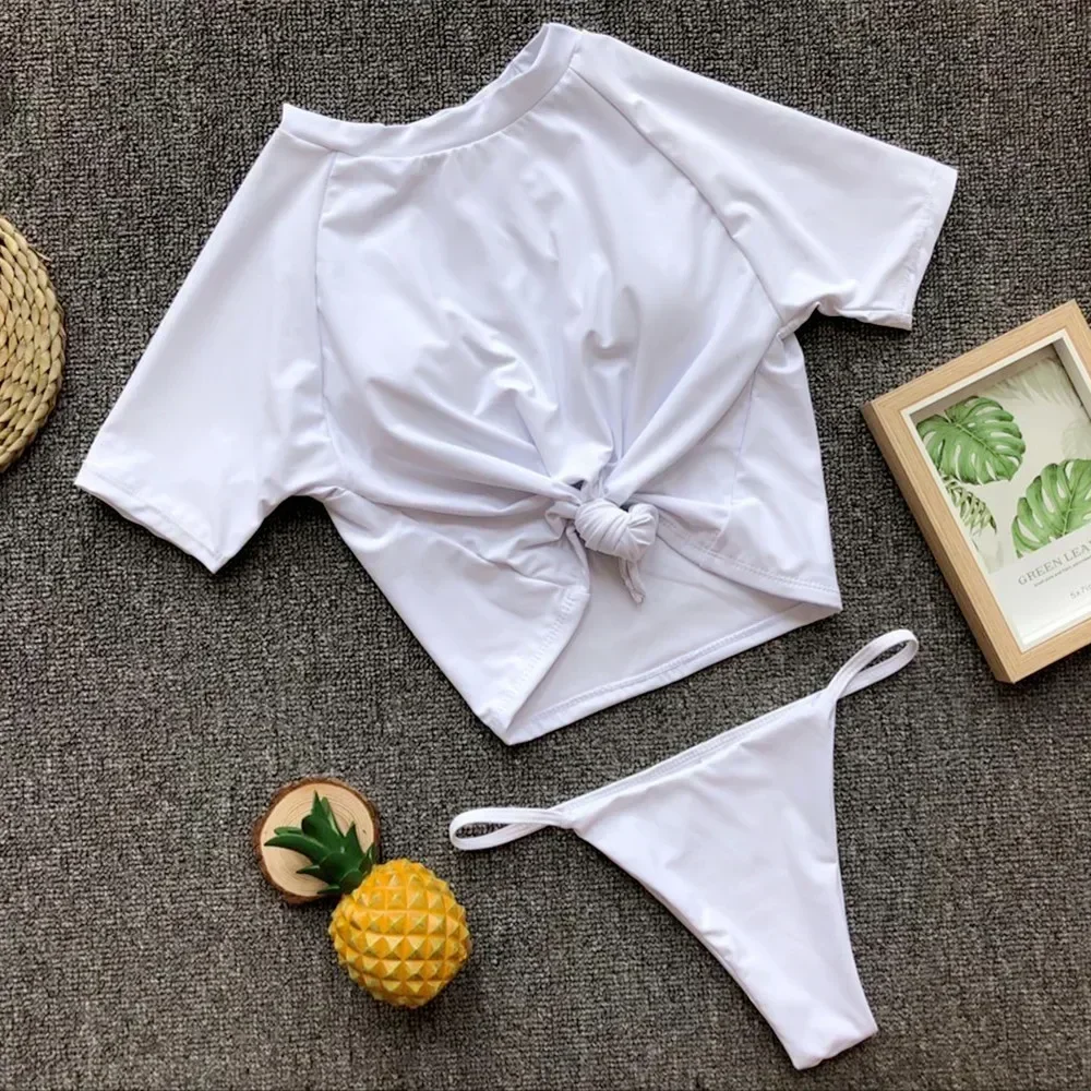 Traje de baño de dos piezas sexy para mujer, de manga corta, con nudo, blanco liso, traje de baño de dos piezas, ropa de playa, banadores mujer 2026