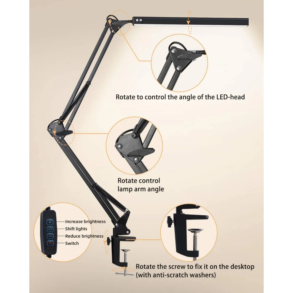 Lámpara de Escritorio LED de 10W con Pinza, Brazo Oscilante Ajustable, Luz de Mesa Regulable, 3 Modos de Color, 10 Niveles de Brillo, Cuidado de la Vista, USB, para Lectura
