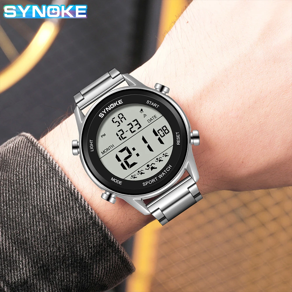 SYNOKE-reloj deportivo de lujo para hombre, cronógrafo Digital con correa de acero inoxidable, resistente al agua, con luz trasera y alarma