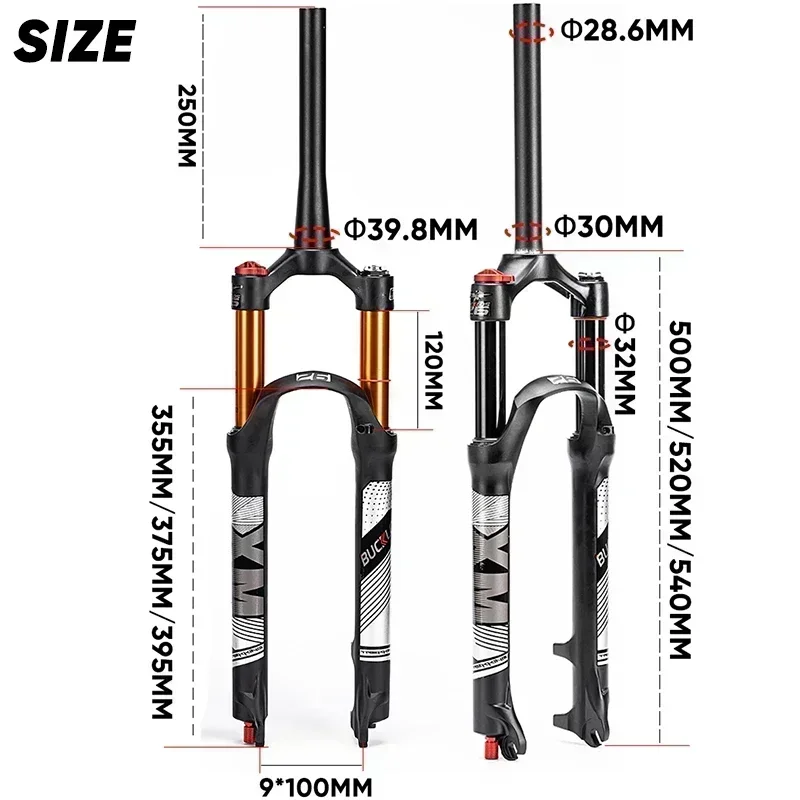 BUCKLOS-horquilla de aire para bicicleta de montaña, 9x100mm, suspensión neumática, viaje, 120mm, tubo recto/cónico, freno de disco de horquilla MTB RL/LO