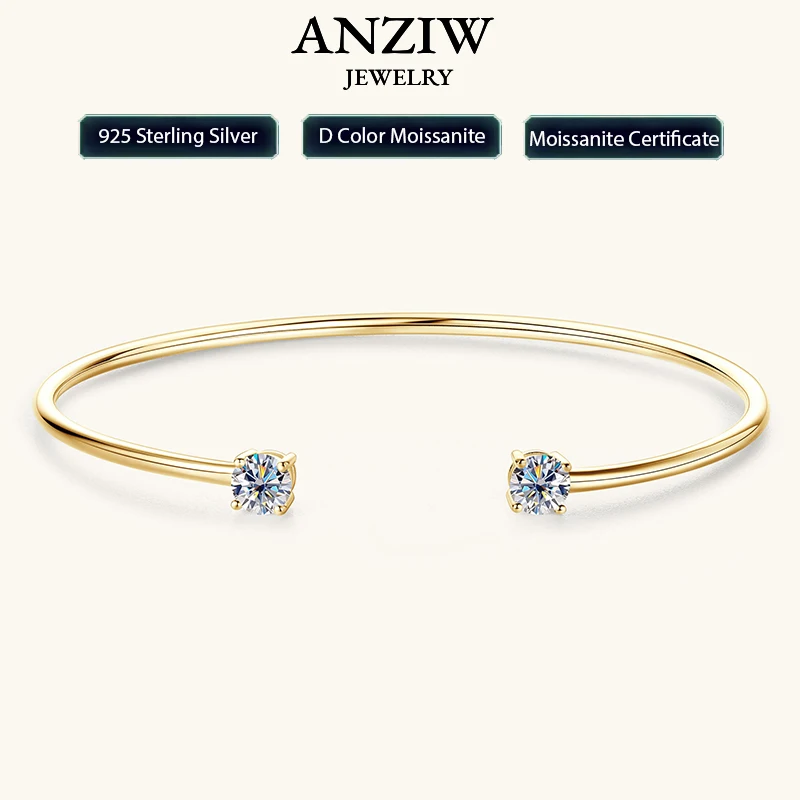 Anziw 5mm 0.5CT D VVS1 brazalete de moissanita pulsera de plata de ley 925 auténtica para mujer puños con apertura manual regalos de joyería fina