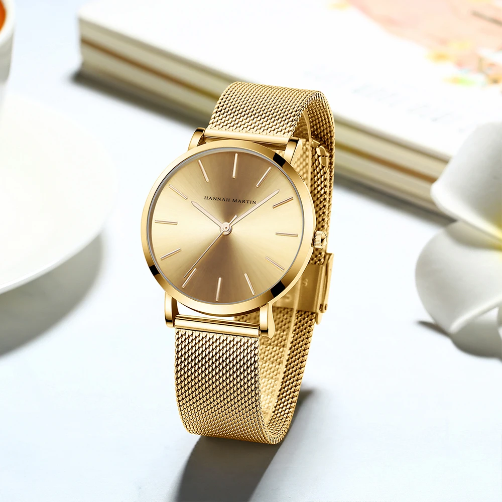 Reloj HANNAH MARTIN para Mujer, Estilo Nórdico Minimalista, Movimiento de Cuarzo Japonés, Resistente al Agua 3 Bar, 36 mm, Oro Rosa Completo, Dropshipping