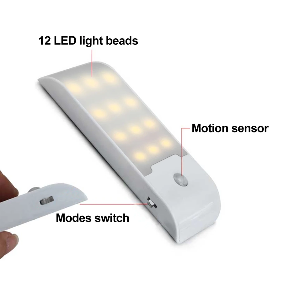 Luz nocturna de 12LED con Sensor de movimiento, lámpara LED recargable por USB para pasillo, baño, armario, cocina, debajo del gabinete, alto brillo