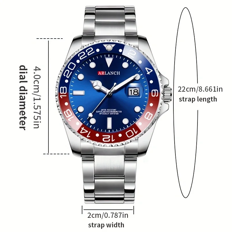 Reloj de acero inoxidable de 40 mm, estilo empresarial, serie de buceo con círculo rojo y azul, lupa, calendario, reloj de cuarzo, montre homme