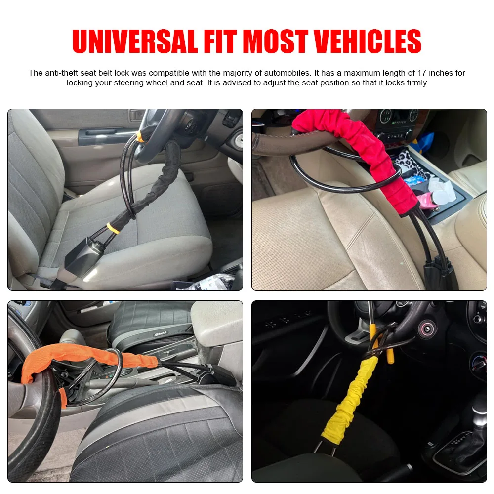 Cerradura para volante de coche con enchufe para cinturón de seguridad, cuerda de acero para camión, SUV, furgoneta, RV, con 3 llaves, dispositivo de protección antirrobo Universal