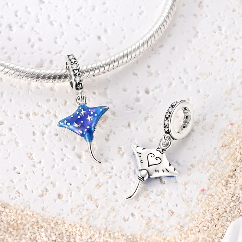 Colgante de Plata 925 con Dijes de Estrella de Mar, Tortuga Marina, Tiburón Ballena y Océano Azul de Verano, Compatible con Pulseras, para la Creación de Joyería Fina de Moda