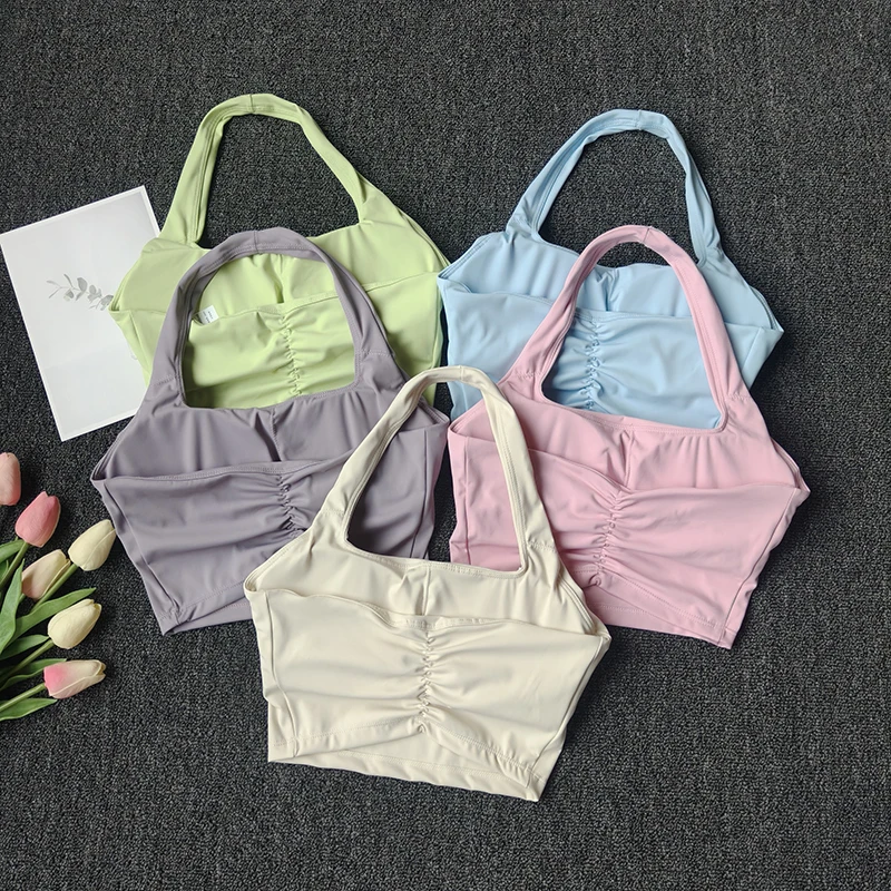Chaleco deportivo con cuello Halter, almohadillas para el pecho, reunión a prueba de golpes, Top de Yoga para Fitness de secado rápido, parte de atrás bonita, ropa interior para mujer