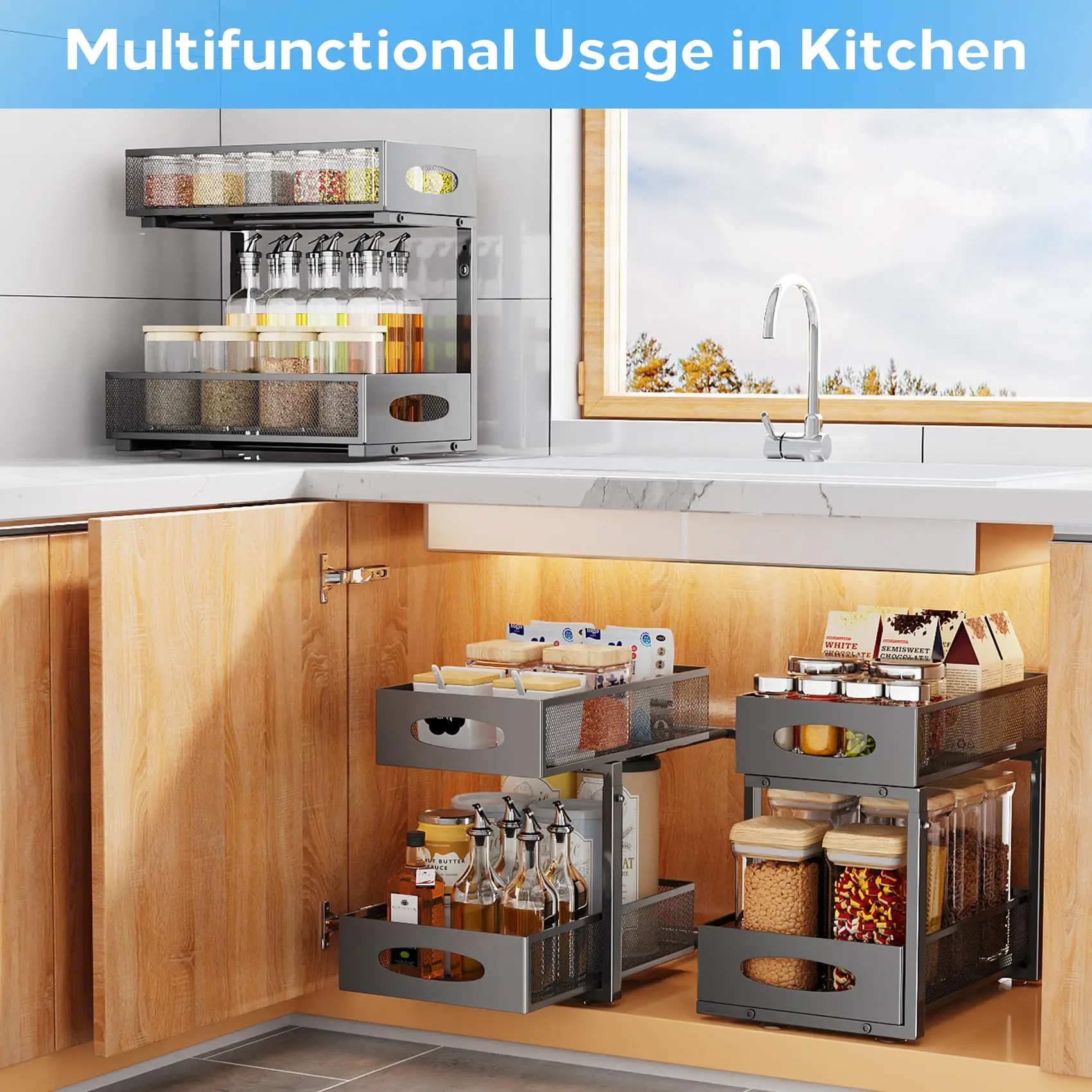 Organizadores y almacenamiento debajo del fregadero, organizador de gabinete extraíble de metal ajustable de 2 niveles para baño, cocina, despensa