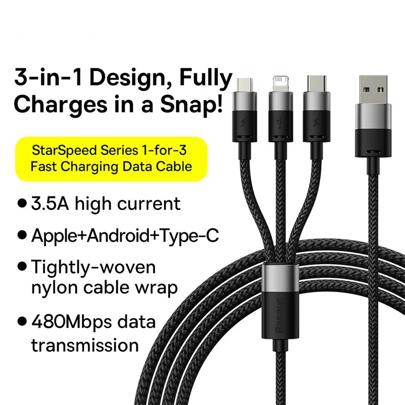 Cable Baseus 3 en 1 USB C para iPhone 14 13 12 Pro 11 3.5A Cable cargador Micro USB C tipo C para Macbook Pro Samsung Xiaomi