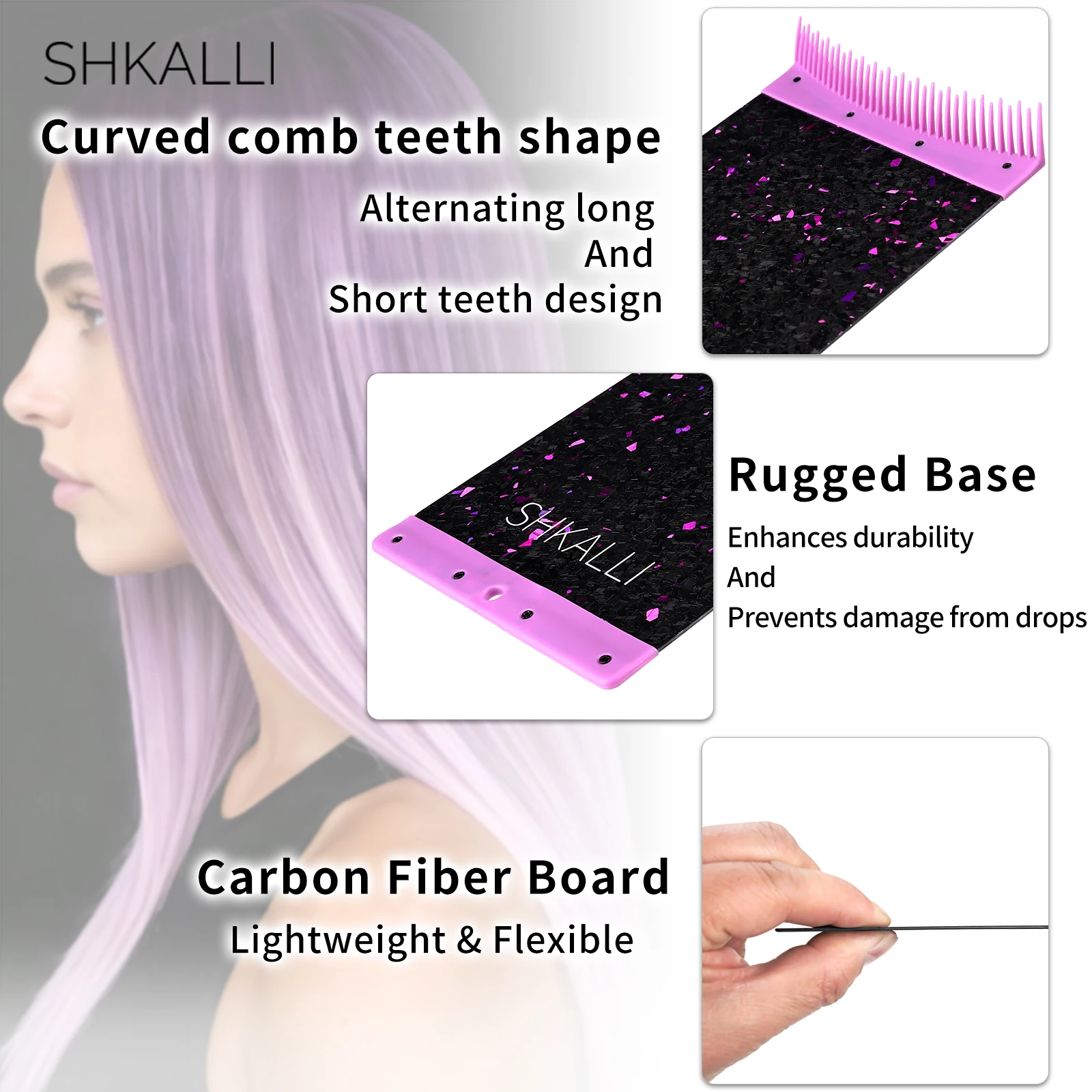 SHKALLI Tabla de fibra de carbono para teñir el cabello con peine integrado, copos de purpurina, herramienta profesional ligera para mechas